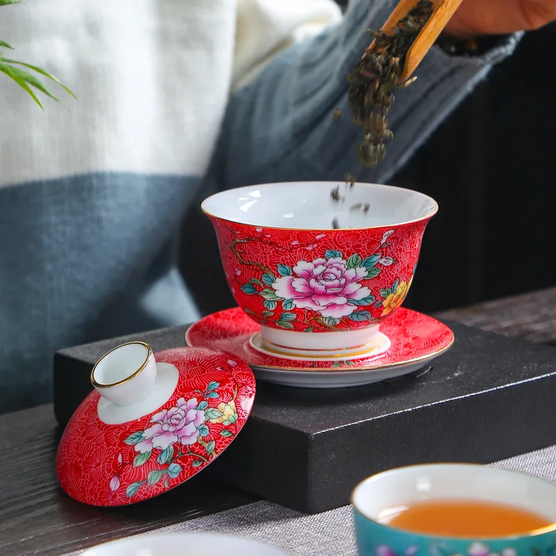 Керамическая эмалированная цветная чайная чаша Gaiwan в китайском стиле Sancai, набор чайных чашек и блюдца, 150 мл, бытовой чайник