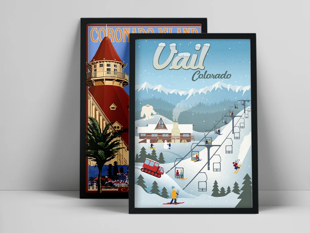 Ретро постер для горнолыжного курорта подарок зимний Горный пейзаж Картина на