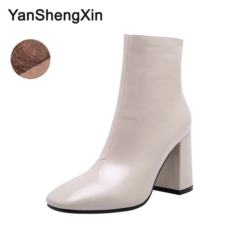 Beige Fur YANSHENGXIN/Женская обувь; женские ботинки; ботильоны из кожзаменителя на не сужающемся книзу массивном каблуке; женская обувь; осенне-зимние ботинки; 2 цвета; женские ботинки - Цвет: Beige Fur