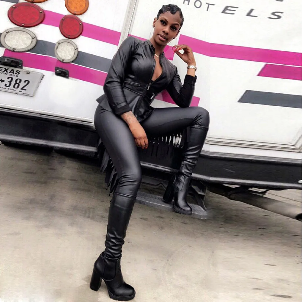 Женский сексуальный костюм в стиле панк из искусственной кожи с бахромой Клубная