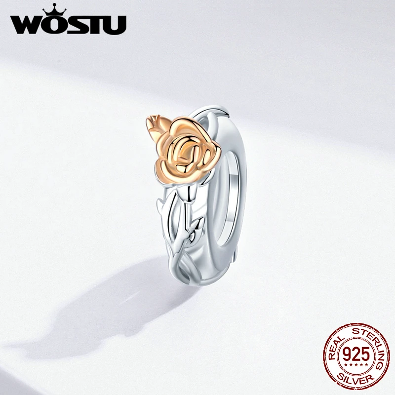 WOSTU Настоящее серебро 925 пробы Роза цветок бусины Розовое Золото Шарм Подходит