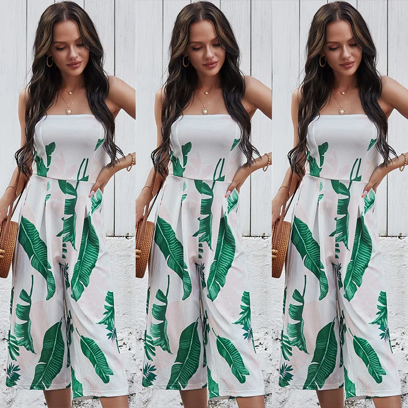 

Wide leg chiffon pants summer sexy wrap chest digital print jumpsuit women