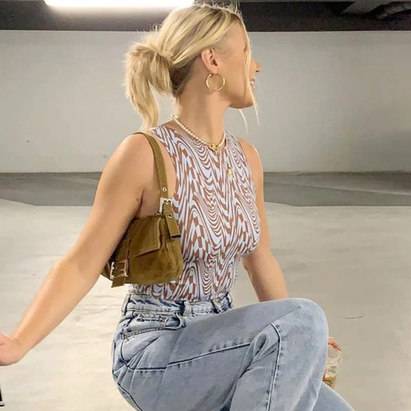 

90s Paisley Wave Print Crop Top Women Summer Sleeveless Skinny Tank Top Basic Y2K Aesthetic Vest Harajuku E-girl Streetwear