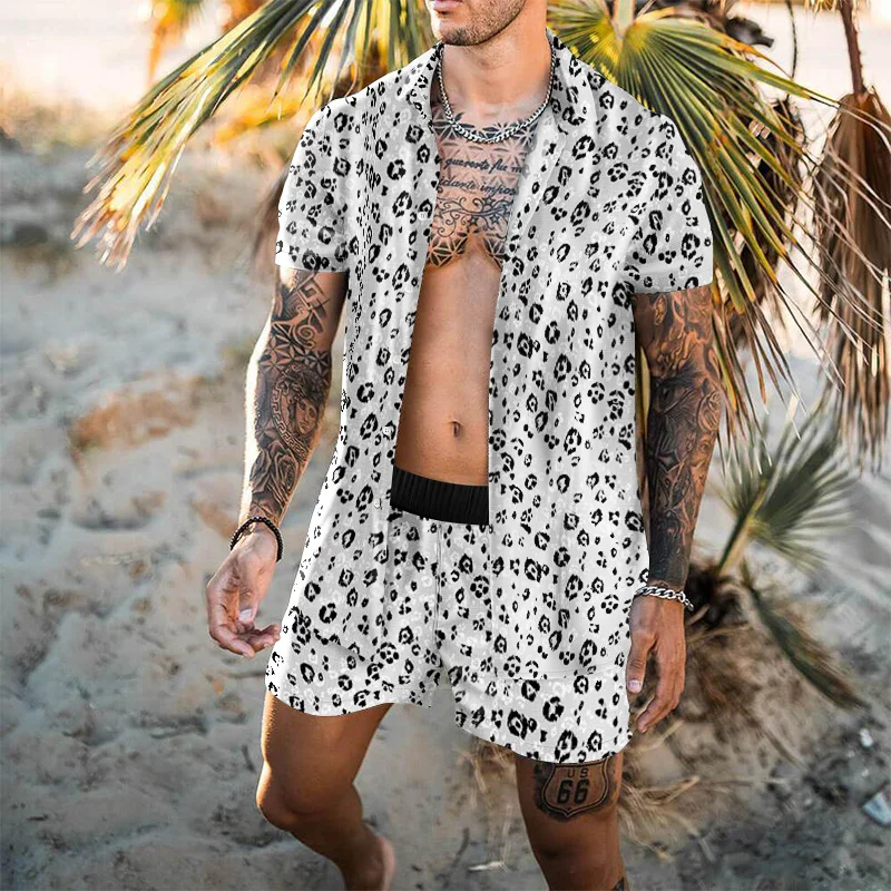 

Summer Beach Fashion Plant Flower Print Two-Piece Men's Short-Sleeved Shirt Drawstring Shorts Suit Casual Men's Clothing