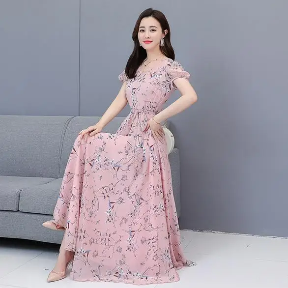 Женское шифоновое платье с коротким рукавом желтое розовое синее большого