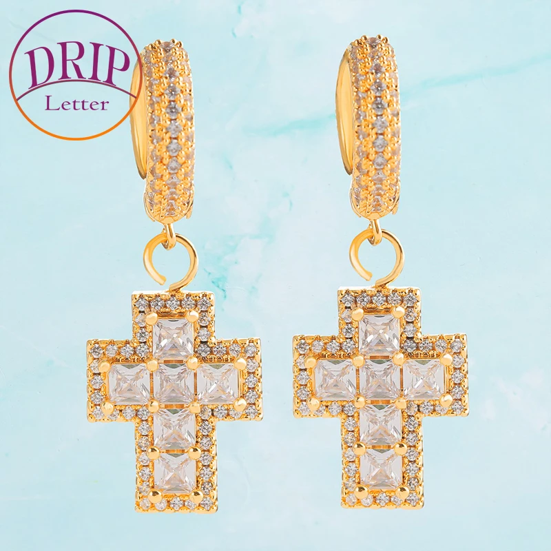 

Drip Letter Iced Cross Drop Earring Baguette Real Gold Plated Hip Hop Jewelry
