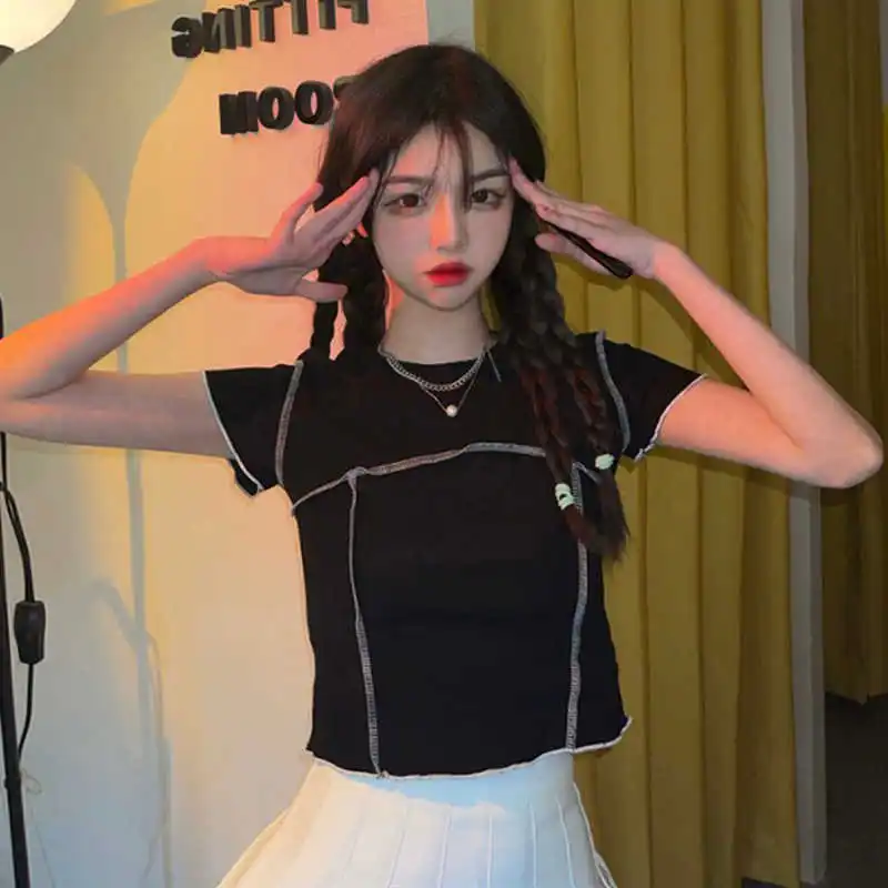 

Women's Short-Sleeved T-shirt Ins Trendy Summer 2021 New Design Sense Niche High Waist Slim Fit Midriff-Baring Slimming Short