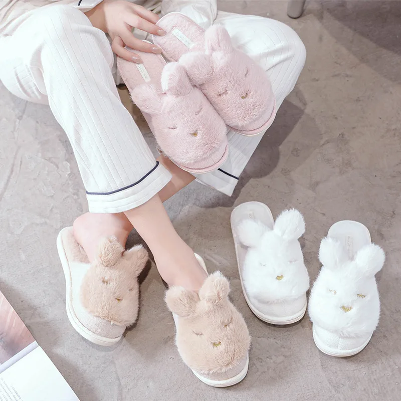 

Kawaii Winter Indoor Shoes Cute 3D Bunny Ears Beautiful Soft Plush Home Slippers For Girl Woman