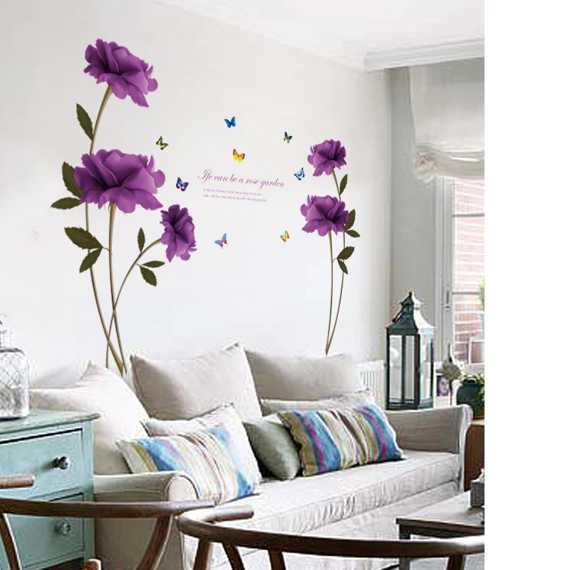 

Waterproof Wall Sticker Art Purple Rose Bedroom Living PVC Decoration New