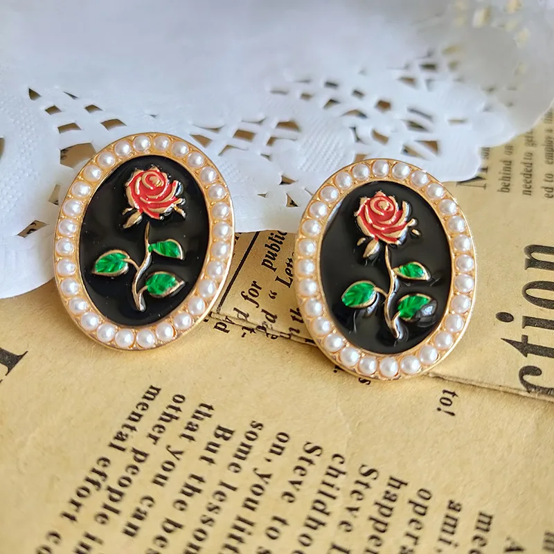 

Vintage Peony Flower Enamel Stud Earrings For Women Baroque Bright Crystal Blue Stud Earrings Female Temperament Pearl Jewelry