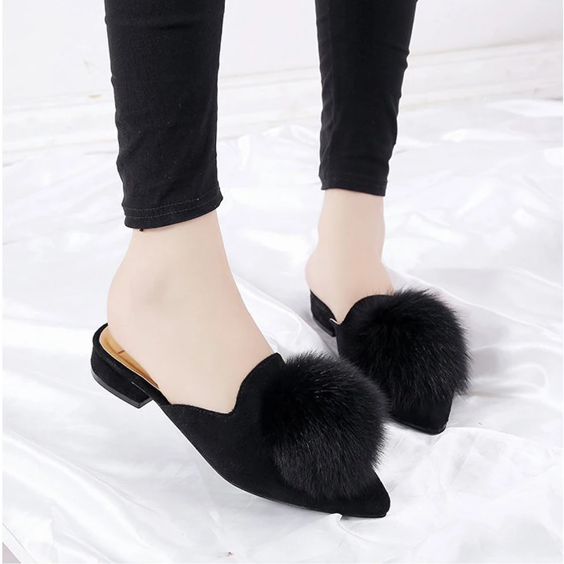 Мюли женские летние Осенние милые меховые шлепанцы квадратные искусственные