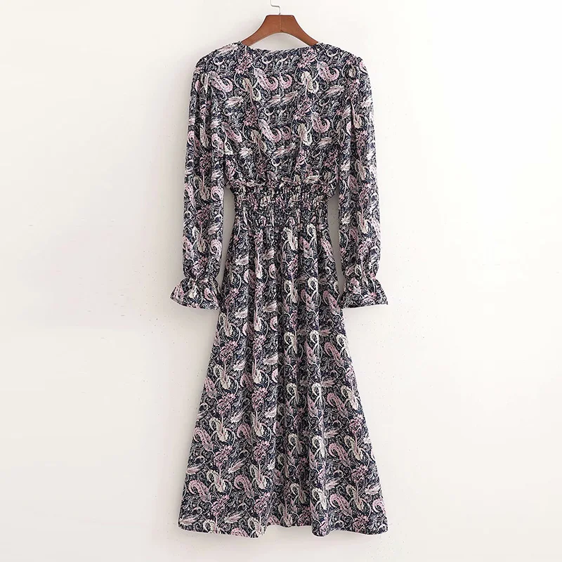 

2021 Women New Spring Summer Printed Long Dresses Ladies Elegant Waist Ruffled Floral Long Chic Dress Female For Fashionable