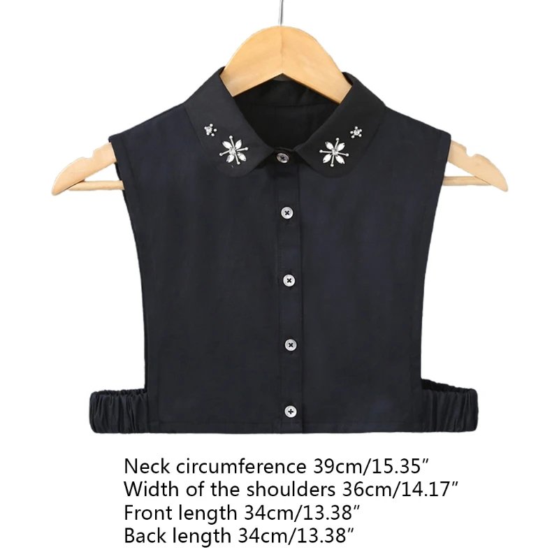

Women Handmade Beading Jewelry False Collar Shiny Rhinestone Floral Lapel Half Shirt Blouse Buttons Detachable Dickey