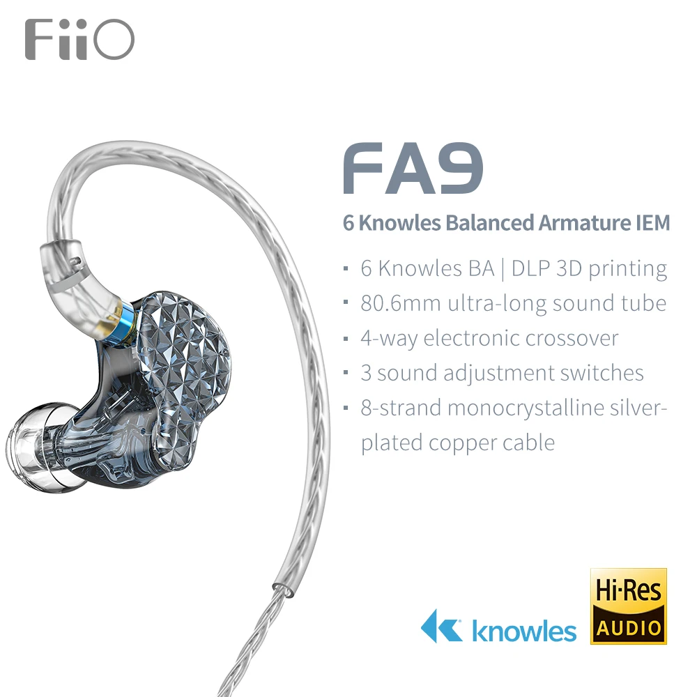 Наушники-вкладыши FiiO FA9 Hi-Res 6BA IEMs съемный MMCX 8-многожильный медный кабель с
