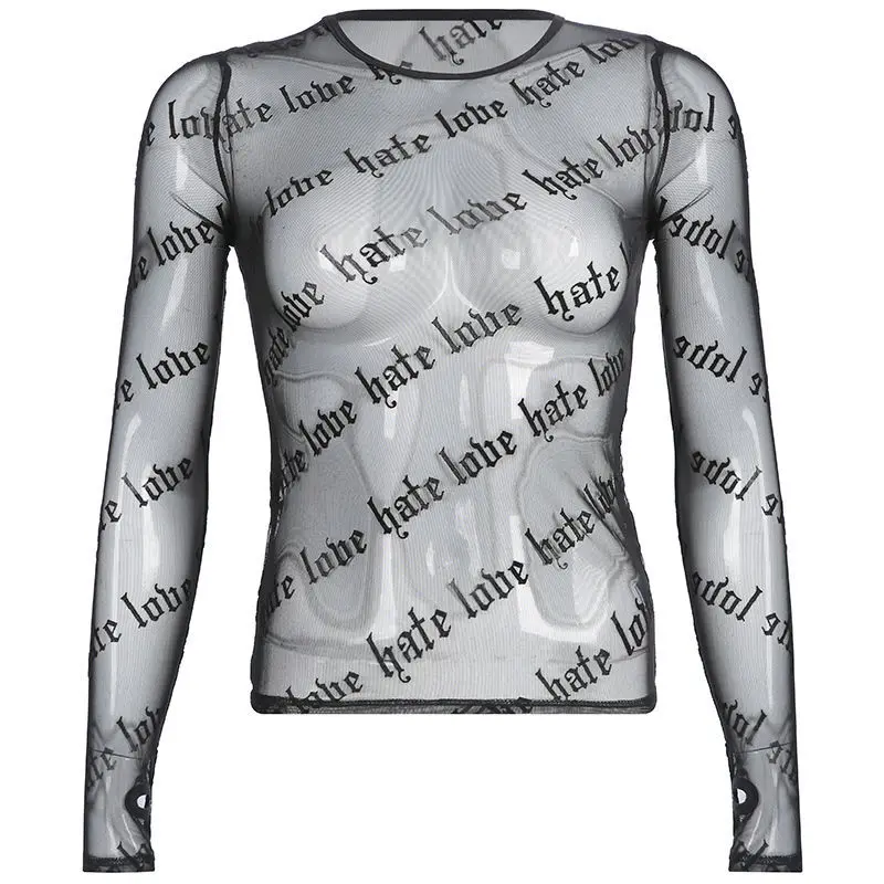 

Sexy Net Gauze Letter Print T-shirt Women Perspective Personality Bottoming Black Long-sleeved See-through T Shirts Streetwear