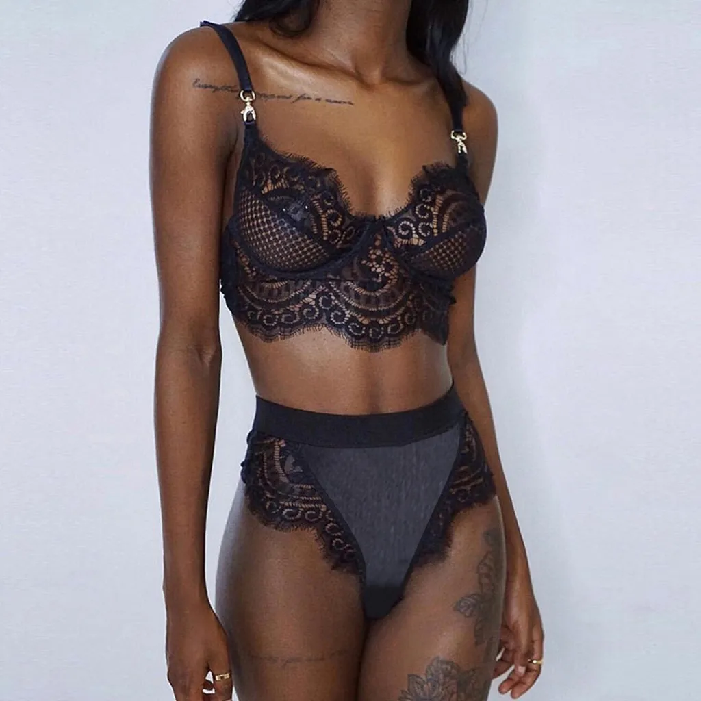 

Ladies Lingerie Sexy Bra Set New Women Plus Size Lace Lingerie Bra+Thong Underwear Set Black Sleepwear Stanik damski Dames