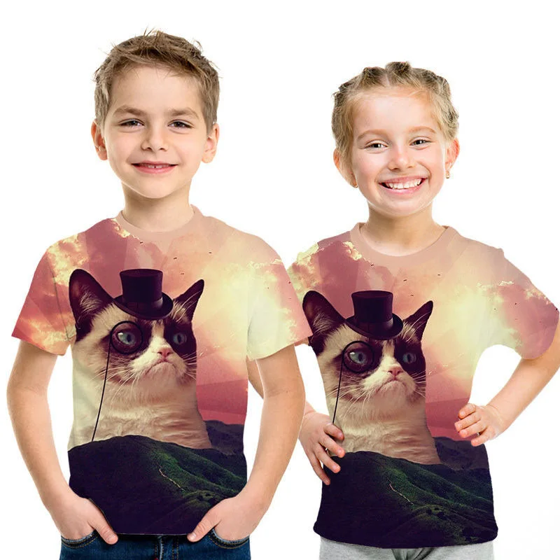 picture color Вечерние топы для маленьких девочек с рисунком кота, летние футболки с короткими рукавами для мальчиков и девочек, Повседневная футболка, одежда для малышей 3, 4, 5, 6, 7, 8 лет - Цвет: picture color