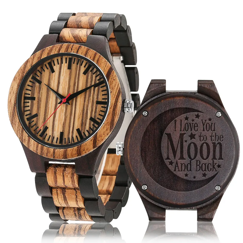 

I Love You To The Moon And Back Full Wooden Wristwatch Low-Key Fashion Man Quartz Dial Safe Folding Buckle Best Gift For Husband