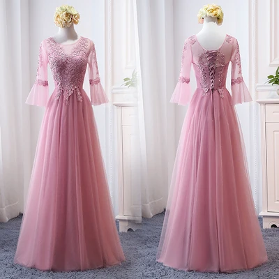 MNZ-9858Z# платье подружки невесты новые зимние рождественские платья средней длины с длинными рукавами г. Бледно-лиловый на шнуровке для девочек - Цвет: 820F
