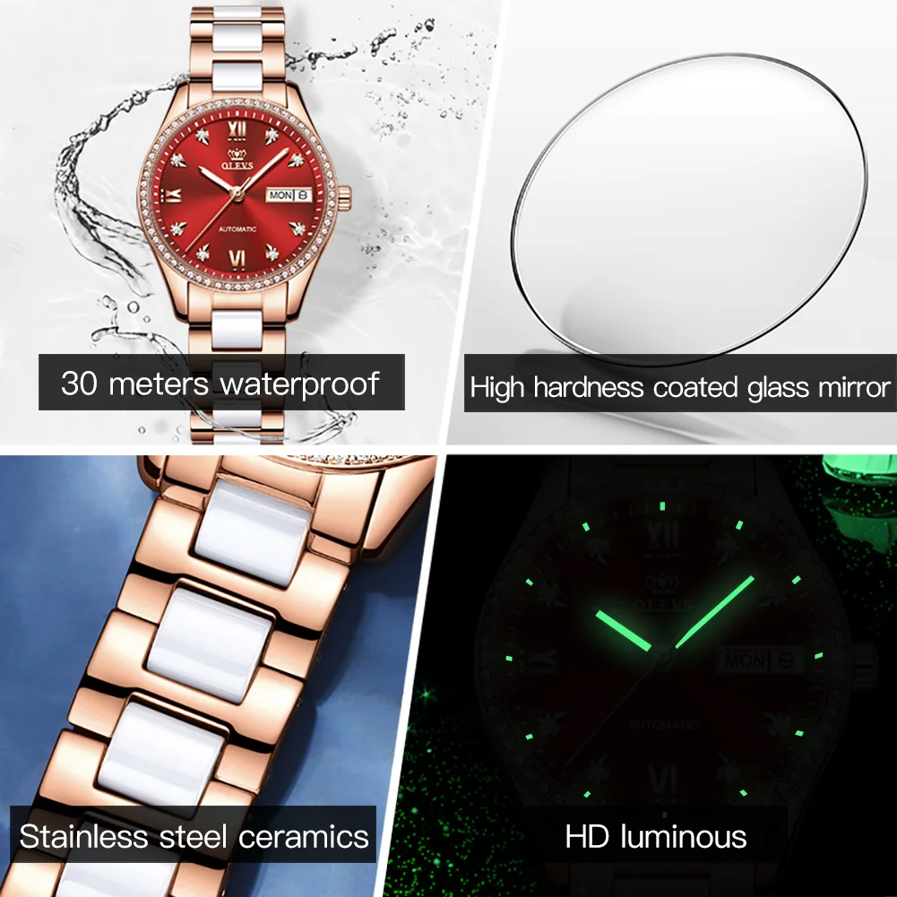 

OLEVS luxury automatic watch for women Set of ceramic bracelets diamond waterproof wristwatch gifts Women's Montre 6637 3Bar