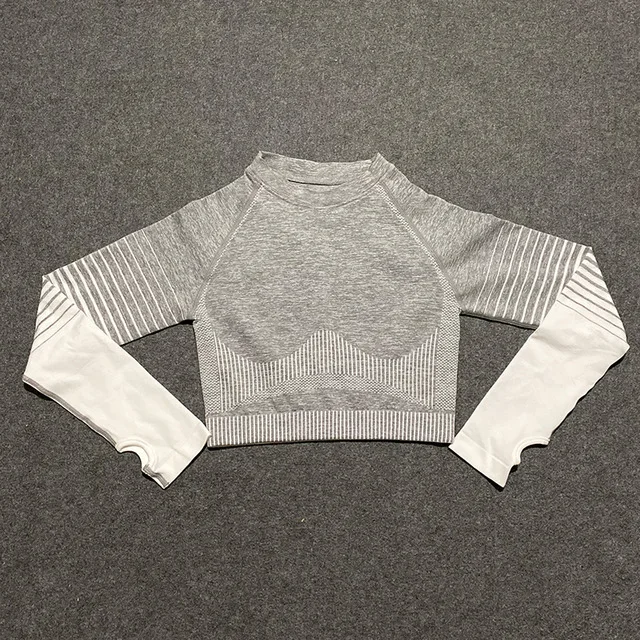 Gray white top 2 шт., бесшовный комплект для йоги с эффектом омбре, женские укороченные топы с длинным рукавом, высокая талия, контроль живота, спортивные Леггинсы, спортивный костюм для спортзала, одежда для фитнеса - Цвет: Gray white top