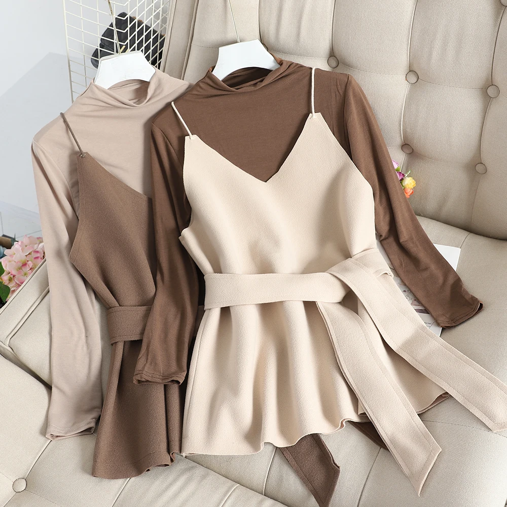 ALPHALMODA Новая тонкая футболка с полувысоким воротником+ жилет на бретельках для женщин, элегантный комплект из 2 предметов, Осенний повседневный комплект из 2 предметов, куртка с поясом