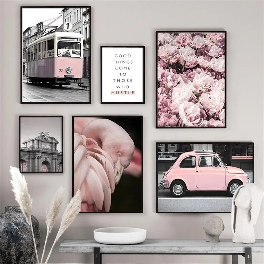 

Flower Tram Pink Car Flamingo Building Wall Art Canvas Painting Nordic Posters And Prints Wall Pictures For Living Room Decor