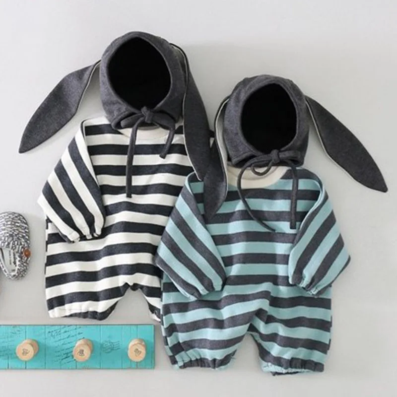 

Newborn Boys Girls Jumpsuits Clothes Autumn Baby Boys Girls Loose Stripe Rompers + Hat Knitted Long Sleeve Children Rompers