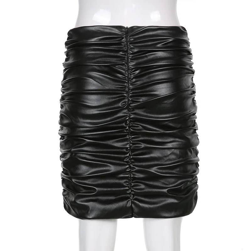 

Sweetown Women PU Leather Ruched Skirt Black Elegant Slim Sexy Office Ladies Clothes High Waist Mini Skirts Woman Clubwear