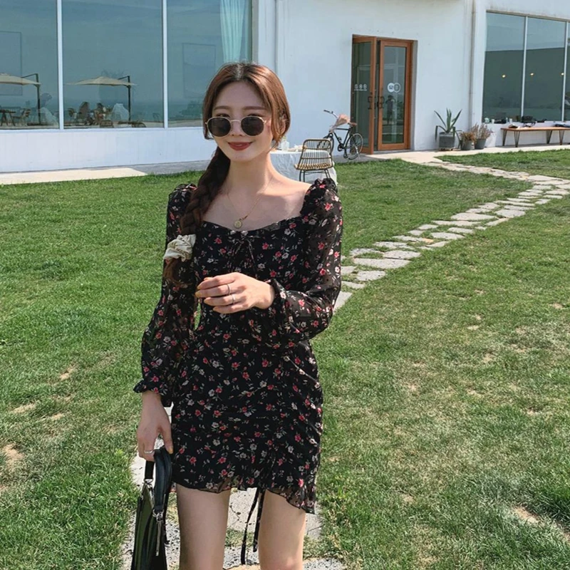 

Vintage Floral Women'S Dress 2021 Summer High-Waist A-Line Sundress Square Collar Long Sleeve Short Dresses Casual Street Wear