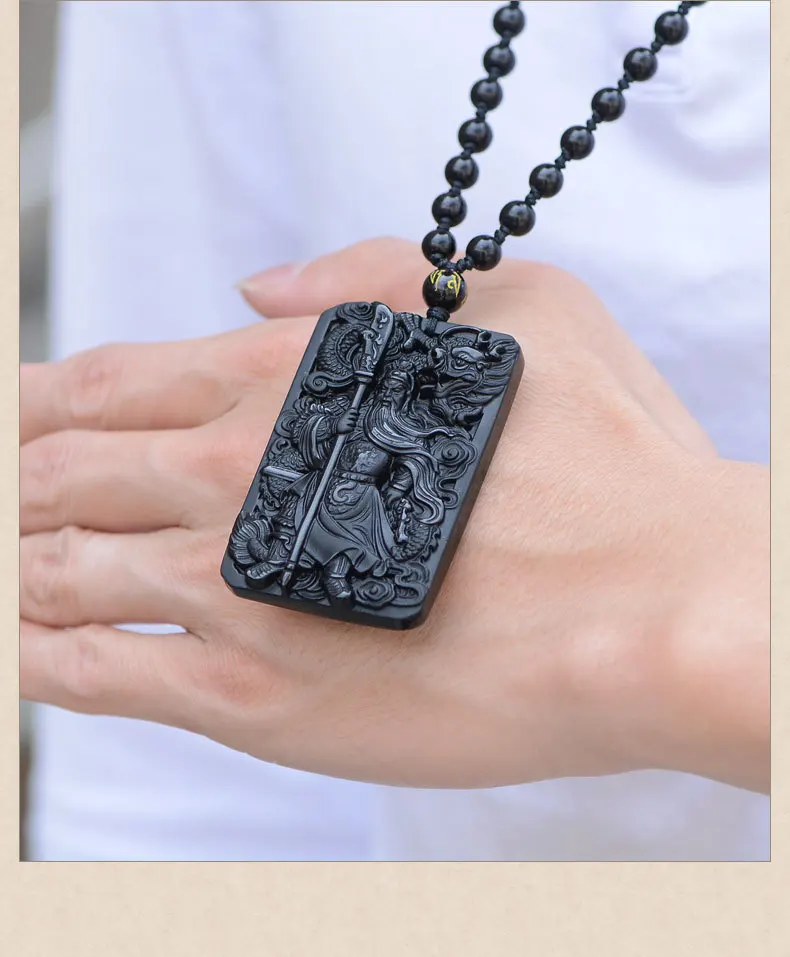 

Chinese God of War Guan Yu Pendant Necklace Natural Obsidian Carving Brotherhood Chinese Dragon Style Beads Chain Necklace