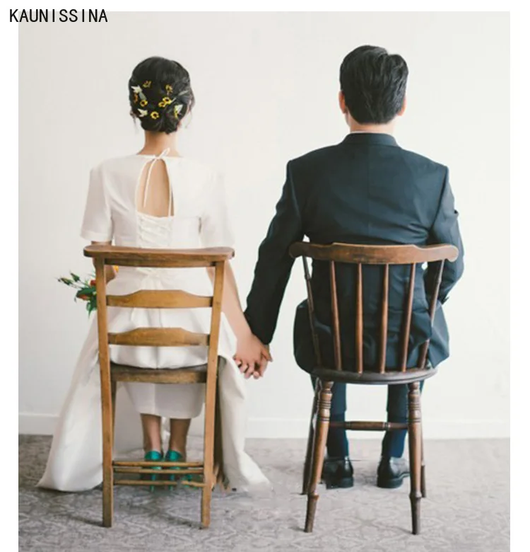 

KAUNISSINA Simple Wedding Dress 2021 A-Line V-Neck Short Sleeve Satin Bridal Gowns Brides Dress vestidos de novia Customize Size