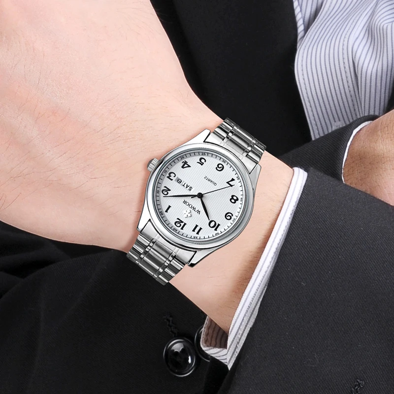 WWOOR Classic White Watch Men Luxury Brand Waterproof Quartz Vintage Men Watch With Date Stainless Steel Wristwatch Reloj Hombre