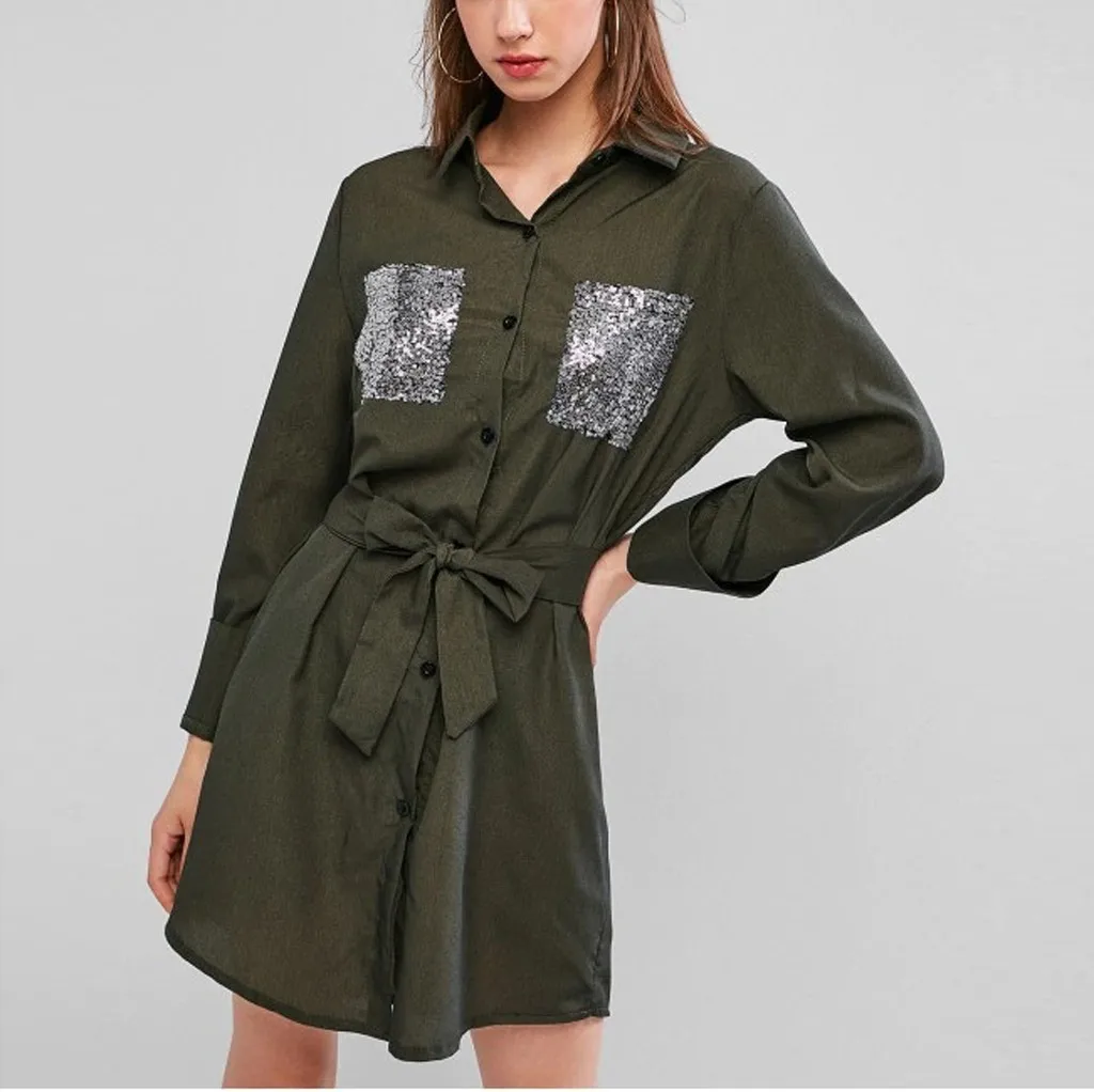 KANCOOLD платье vestidos уличное с длинным рукавом свободное пайетками и карманами
