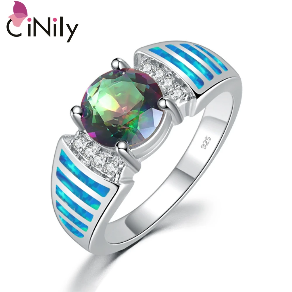 

CiNily Blue Fire Opal Large Rings Silver Plated Rainbow Mystic Zirconia Stone Ethnic Tribe Vintage Jewelry Gifts for Man Woman