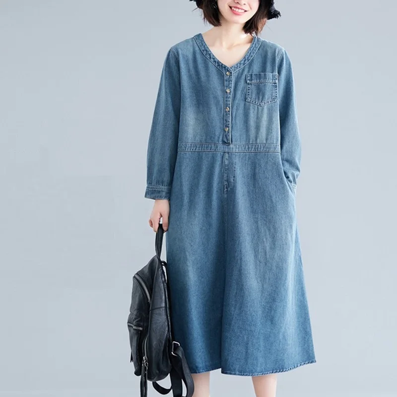 

New Plus Size Spring Autumn Women Dresses Casual Loose Solid Vintage Long Sleeve Jeans Dress For Women Larger Denim One-Piece