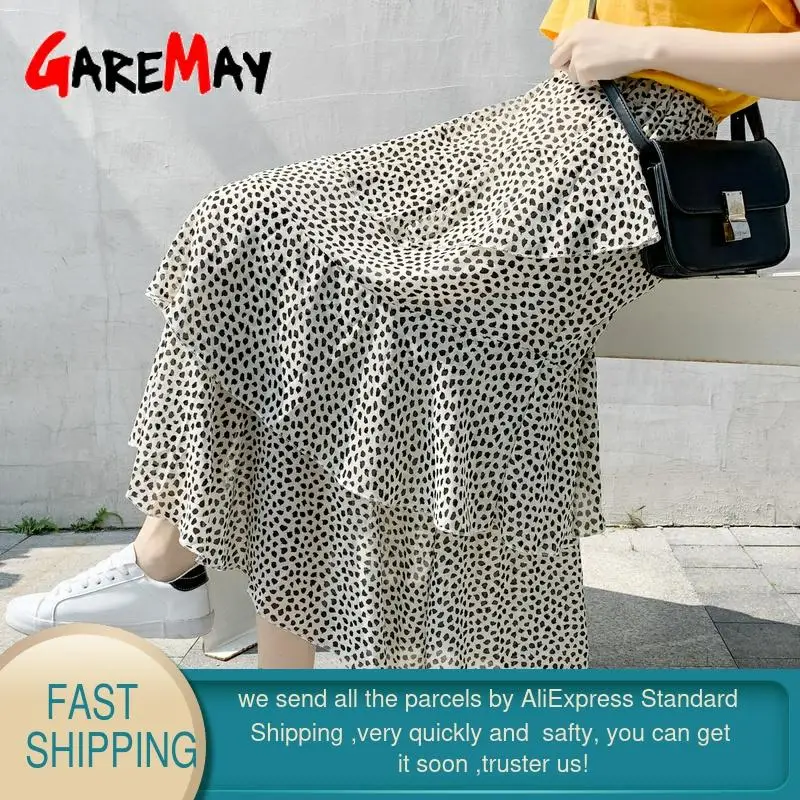 Женская летняя юбка миди в горошек шифоновая с оборками плиссированная бантом и