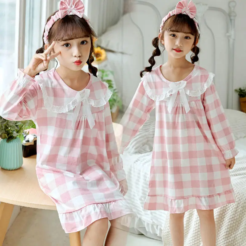 Spring Autumn Cotton Long Sleeve Children's Pajamas Little Girls Thin Nightdress Baby Girls Solid Color Lattice Pattern Homewear