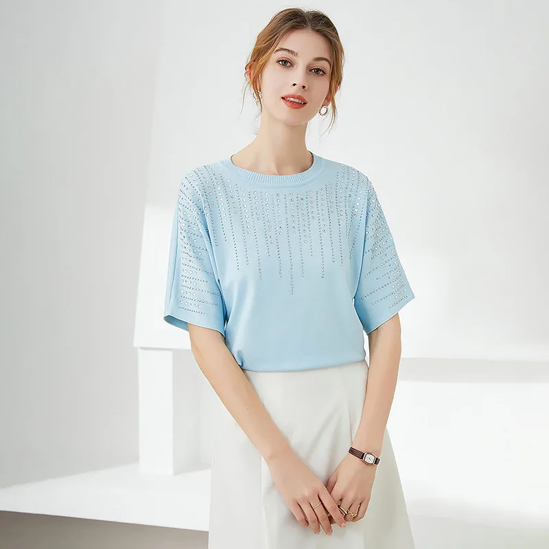 

Summer Women Hot Drilling Knitted T-Shirt O Neck Short Sleeve Knit Top White/Blue Female Elastic Thin Pullover Tee Shirts