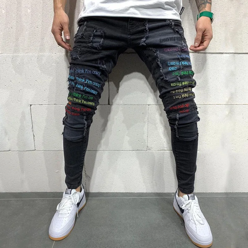 New Men Jeans Denim Pants Letter Print Worn Patch Elastic Fashion Casual Slim Mens Pants Pencil Pants Men Trend Plus Size Jeans