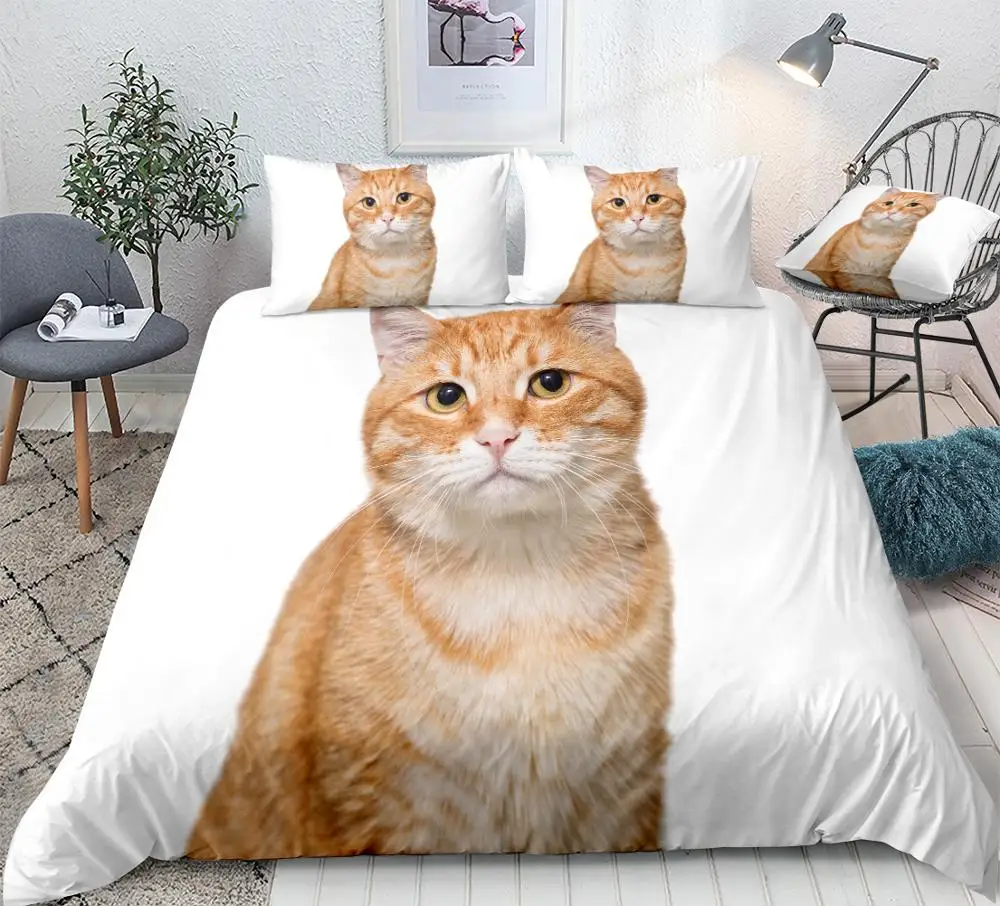 

Комплект постельного белья для мальчиков и девочек, комплект из 3 предметов с милым 3d-котом, белого цвета, с пододеяльником, с рисунком животного, с желтой кошкой, для подростков, для двуспальной кровати