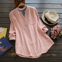 zanzea women cotton linen blouse solid v neck long sleeve buttons pockets autumn feminina blusas summer loose shirt
