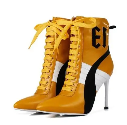 Jual Eropa Dan Amerika Catwalk Gaya Asli Kulit Tipis Tumit Tumit Tinggi Stovepipe Depan Renda Warna Yang Sesuai Dengan Pergelangan Kaki Sepatu Bot