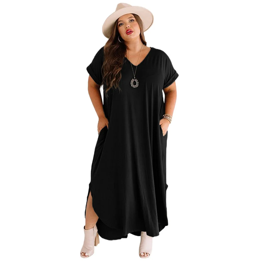 

Plus size women's clothing dresses Straight Summer 2021 Pullover Loose rhinstone dress Casual style Slit long skirt