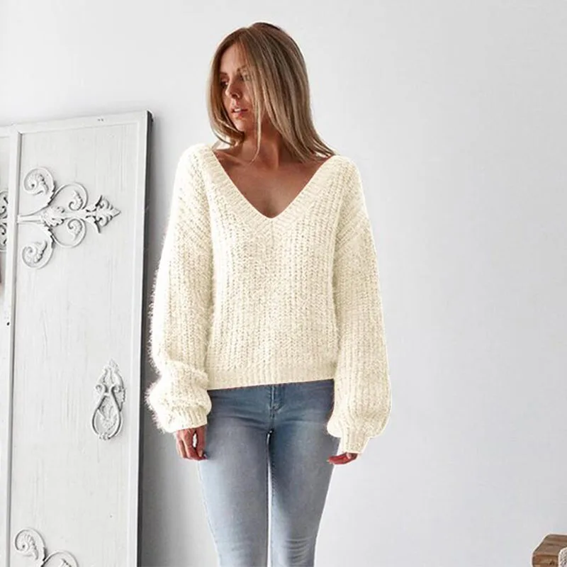 

Autumn Winter Sweaters Women Warm Pullover Sexy Backless Lace Up Knitted Sweater Top V-Neck Long Sleeve Loose Sweater Jumper