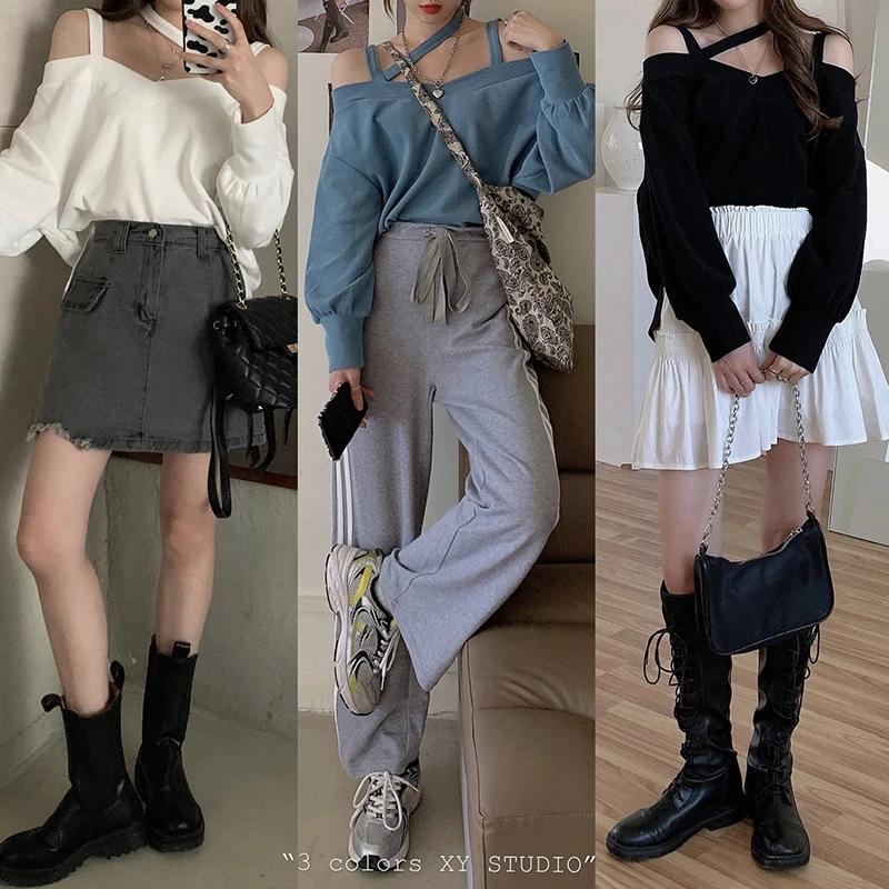 

Ins Hipster Off Shoulder Streetwear Sweatshirt Women Fashion Brand Loose Halter Slash Neck Pullovers Ladies Hoodies New Autumn