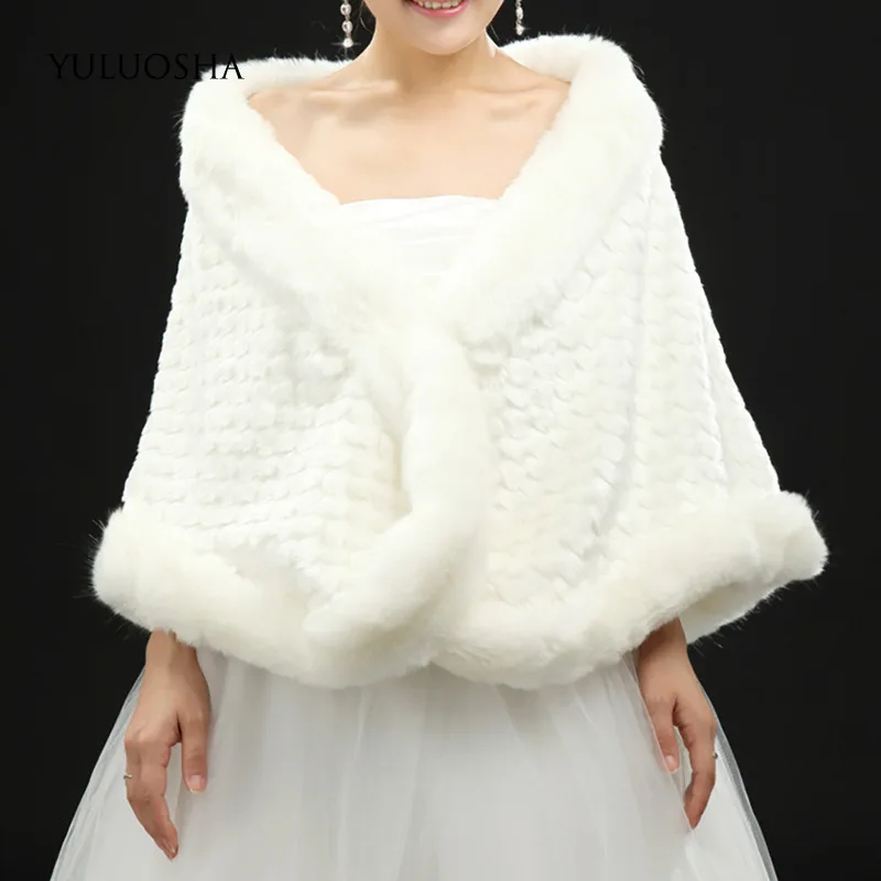 YULUOSHA 2020 Wool Shawl Bride Autumn Winter Warm Imitation Rabbit Fur Wedding Synthetic Leather Cape White | Свадьбы и торжества