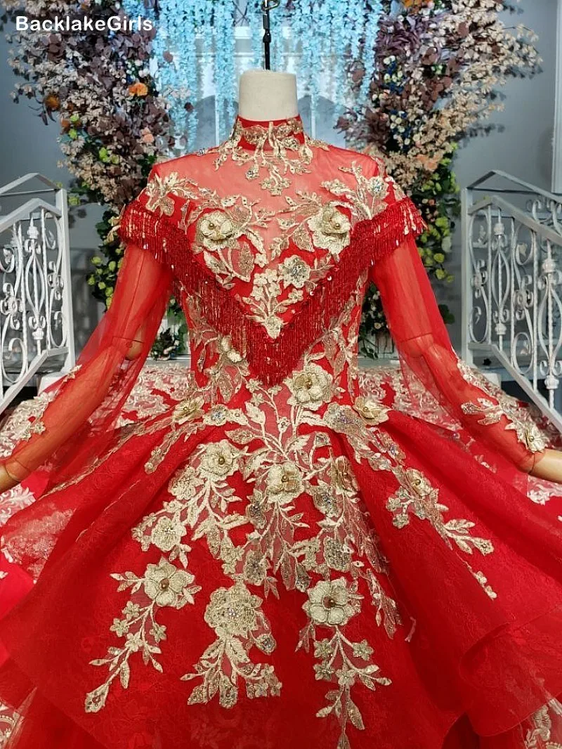 2020 Mariage винтажное красное мусульманское свадебное платье с высоким воротом и