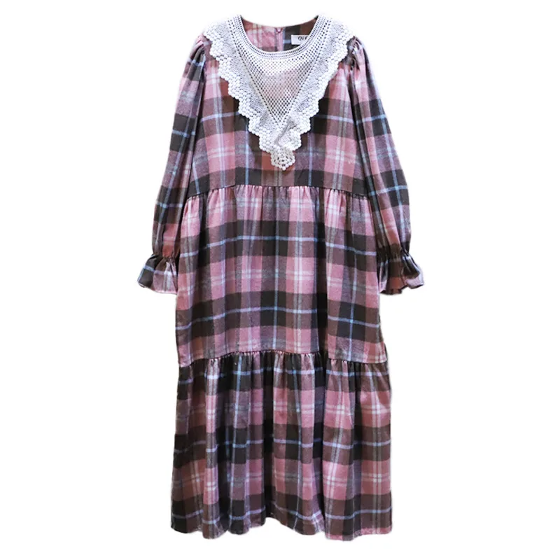 

IEQJ plaid and lace patchwork dress for women long sleeve o-neck collar casual style new fashion tide 2021 summer 3GD262