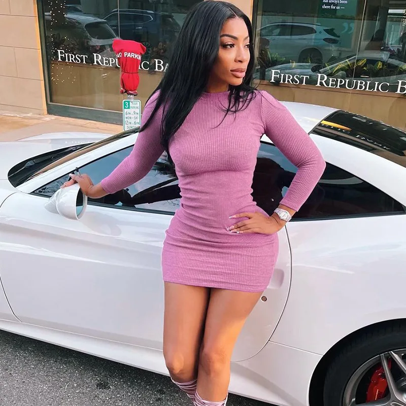 

Fashion 2021 Autumn Clothes Solid Long Sleeves skinny Evening Party Sexy Women'S Prom One Piece Basic Mini Knit Bodycon Dresses